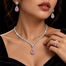 Conjunto Feminino 3 Peças Colar Gota Brincos Anel Coração Rosa Prata Brilhante