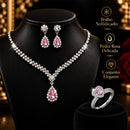 Conjunto Feminino 3 Peças Colar Gota Brincos Anel Coração Rosa Prata Brilhante