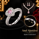 Conjunto Feminino 3 Peças Colar Gota Brincos Anel Coração Rosa Prata Brilhante