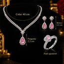 Conjunto Feminino 3 Peças Colar Gota Brincos Anel Coração Rosa Prata Brilhante