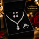 Conjunto Feminino 3 Peças Colar Gota Brincos Anel Coração Rosa Prata Brilhante