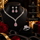 Conjunto Feminino 3 Peças Colar Gota Brincos Anel Coração Rosa Prata Brilhante
