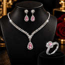 Conjunto Feminino 3 Peças Colar Gota Brincos Anel Coração Rosa Prata Brilhante