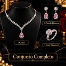 Conjunto Feminino 3 Peças Colar Gota Brincos Anel Coração Rosa Prata Brilhante