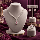 Conjunto Feminino 3 Peças Colar Gota Brincos Anel Coração Rosa Prata Brilhante
